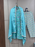 Anni Designer Women'S Cotton Blend Straight Printed Kurta With Pant & Dupatta (Uttar-Sky Blue_M_Dark Blue_Medium),Sky Blue,M,,,