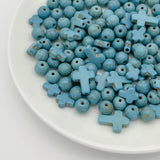 ANCADN 210Pcs Blue Cross Beads Turquoise Beads Round Gemstone Loose Beads Natural Green Beads for Jewelry Making(Blue)