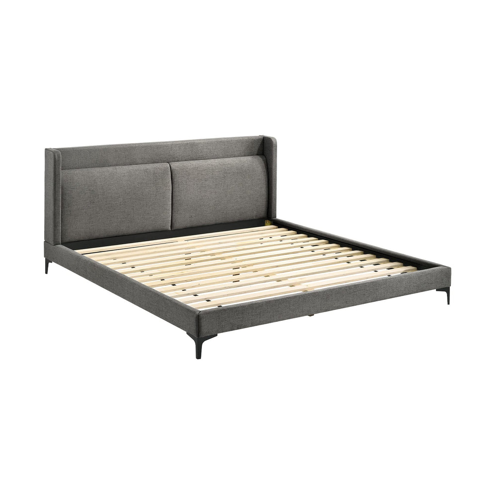 Benjara Legend Fabric Eastern King Platform Bed With Metal Legs, Gray