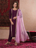 Anni Designer Women'S Cotton Blend Straight Solid Kurta With Pant & Dupatta (Dhulipala Wine_L_Wine_Large),Wine,L,,,