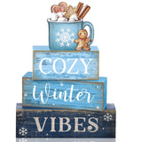 Lineshading 4 Pcs Christmas Table Decoration Wooden Hot Cocoa Decor Winter Tiered Tray Decor Christmas Centerpiece Rustic Decora