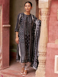 Libas Womens Printed Silk Blend Straight Kurta With Salwar And Dupatta Black L