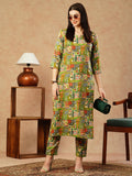 Anni Designer Women'S Cotton Blend Straight Printed Kurta With Pant (Ing 10 Green-Nw_S_Green_Small),Green,S,,,