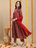 Gosriki Women'S Rayon Blend Anarkali Printed Kurta With Pant & Dupatta (Dabu Red-Vks06-Gs_S_Red_Small),Red,,B0DK9QLXZH