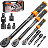3Pack Torque Wrench Set, 1/4, 3/8, 1/2 Drive Click Torque Wrench Extra with Extension Bars & Adapters, Dual-Direction Adjustable