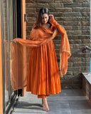 Anni Designer Women'S Rayon Blend Anarkali Solid Kurta With Pant & Dupatta (Garbo Orange_5Xl_Orange_Xxxxx-Large),Orange,5XL,Rayon Blend,Anarkali,