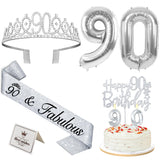 90th Birthday Decorations for Women Silver with 90th Birthday Sash and Crown, Cake Topper and Candles, Silver Number Balloons, 9