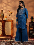 Libas Womens Woven Design Silk Blend Straight Kurta With Palazzos And Dupatta Blue 2Xl