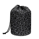 Poceacles Leopard Print Black Makeup Bag for Women, Foldable Drawstring Cosmetic Pouch Portable Handbag Bucket Toiletry Case Org