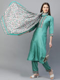Gosriki Women'S Silk Blend Straight Kurta With Pant & Dupatta Set (Kptd-Cot-10130-Green_Xl-Go_Green_X-Large),Green,,B09PDS49QK