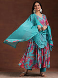 Libas Blue Poly Chiffon Printed Kurta Sets For Women Blue M