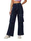 Miss Chase Womens Wide-Leg High-Rise Regular-Length Stretchable Denim Cargo Jeans, Navy Blue, 28
