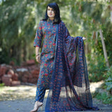 Gosriki Women'S Cotton Blend Straight Printed Kurta With Pant & Dupatta (Pedi Blue-Gs_Xl_Blue_X-Large),Blue,,B0CTHVYYPN
