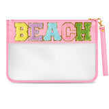 Morcheiong Chenille Letter Bag Cute Clear Zipper Stuff Pouch Portable Multi-purpose PVC and Nylon Makeup Bag with Handle for Tra