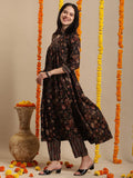 Anni Designer Women'S Rayon Blend Anarkali Printed Kurta With Pant (Gunba Black_L_Black_Large),Black,L,Rayon Blend,Anarkali,