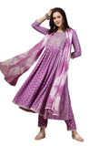 Stylum Women's Bandhej Printed Rayon Flared Kurta Pant Dupatta Set (KPDPURPLEALIA42_Purple, XL)
