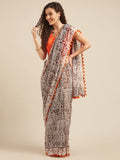 Womanista Womens Poly Georgette Saree With Pom (Ti1425_Off White & Brown)
