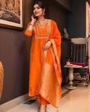 Anni Designer Women'S Silk Blend Straight Embroidered Kurta With Pant & Dupatta (Manushi Orange-Vks05_Xxl_Orange_Xx-Large),Orange,2XL,,,