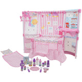 509 Crew BnB Pink Doll Furniture Set - 14'' Baby Doll, Built in Highchair & Play Yard, Accessories, Kids Pretend Sleep Play Set