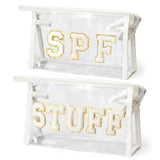 EZdhuawuse Preppy Patch Cosmetic Bags - 2Pcs Summer Small SPF Large STUFF Chenille Varsity Toiletry Makeup Bags Waterproof PVC Z