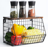 Fruit Bowl for Kitchen Counter Stackable Wall Mounted Hanging Basket Wire Basket with Wood Lid with Banana Hanger Hooks, Onion,P