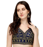 Sumaira Tex Womens Silk Embroidery Sequins Zari Work Readymade Saree Blouse, Navy Blue, 38