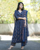 Gosriki Women'S Rayon Blend Printed Anarkali Kurta With Pant & Dupatta (Ampm Blue-Gs_M_Blue_Medium),Blue,,B0D9YVGJVM