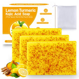 Hunxlio Lemon Kojic Acid Soap, Lemon Turmeric Bar with Vitamin C for Face, Body Hands, Turmeric Soap for Dry Sensitive Skin 3 Ba
