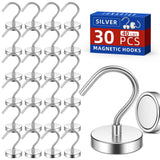 Junarter 30 Pack Silver Metal Magnetic Hooks,40lb+ Heavy Duty Strong Magnets with Hooks for Cruise Ship Walls,Strong Magnetic Ko