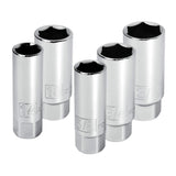 Powerbuilt 3/8Inch Drive Spark Plug Socket Set, 6 Point, Deep Thin Wall, 5 Piece Metric and SAE 640855, Grey