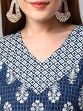 Anni Designer Women'S Cotton Blend Printed Straight Kurta With Pant (Jinki-Indigo_L_Dark Blue_Large),Indigo,L,Cotton Blend,Regular,Pants