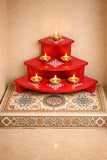 Corner Diya Stand 3 Step Wooden Pooja Stand for Home | MDF Corner Diya Holder with Kolam Design | 6 Lamp Deepam Stand | Pooja Ro