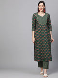 Anni Designer Women'S Cotton Blend Printed Straight Kurta With Pant (Jinki-Light Green_M_Dark Blue_Medium),Light Green,M,Cotton Blend,Regular,Pants
