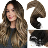 LaaVoo Micro Ring Hair Extensions Human Hair Darkest Brown to Medium Brown with Ash Brown Micro Link Hair Extensions Human Hair