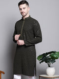 Jompers Mens Sequin Embroidered Pure Cotton Kurtas (Mehndi, L)