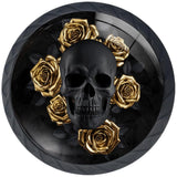 Artinhand 4 Pack Black Skull with Gold Roses Kitchen Cabinet Knobs Round Drawer Pulls Dresser Cupboard Door Handles