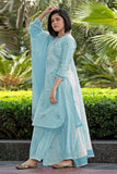 Anni Designer Women'S Rayon Blend Hand Block Printed Straight Kurta With Pant & Dupatta (Ragsri Ice Blue-Vks02_Xl_Sky Blue_X-Large),Sky Blue,XL,,,