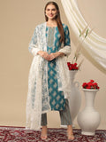 Anni Designer Women'S Cotton Blend Printed Straight Kurta With Pant & Dupatta (Kai Green_S_Green_Small),Green,S,,,