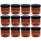 Aromine 2oz Amber Jars with Lid, 12 Pack, Round PET Plastic Jar Container with Blank Labels (BPA Free)