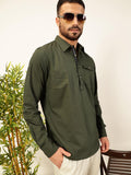 Thomas Scott Men Solid Cotton Linen Kurta Shirt (Ts1531_Dark Green, L)
