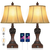 Set of 2 Touch Control 3-Way Dimmable Table Lamps with 2 USB Charging Ports Traditional Bedside Lamps with Bell Shape Faux Silk