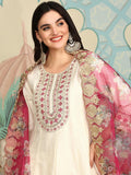 Ishin White Floral Embroidered Thread Work Straight Kurta With Trousers & Dupatta | Kurta Set For Women | Kurta With Trousers And Dupatta Off-White M