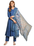 Gosriki Women'S Cotton Blend Anarkali Printed Kurta With Pant & Dupatta (Utsav Blue-Gs_M_Blue_Medium),Blue,,B0D73WZPR4