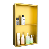 Bernkot Stainless Steel Shower Niche 14 24 Gold with 2-Tiers Shelf No Tiled Needed Niche Shower for Bathroom Wall Recessed Show