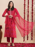 Anni Designer Women'S Rayon Blend Straight Bandhej Printed Kurta With Pant & Dupatta (Turae Rani-Vks02_L_Pink_Large),Pink,L,,,