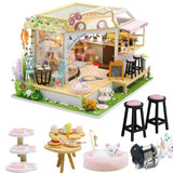 WonDerfulC Cat Cafe Wooden Miniature Dollhouse Kit DIY Pet Cat Coffee Shop Building Model Accessories with Furniture LED Light M