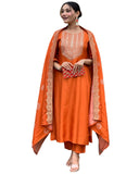 Anni Designer Women'S Rayon Blend Embroidered Straight Kurta With Pant & Dupatta (Puneeta Orange_M_Orange_Medium),Orange,M