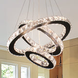 diisunbihuo Dimmable Black Modern LED Crystal Chandeliers 3 Rings Pendant Light Adjustable Height Ceiling Lamp for Dinning Room