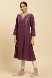 W For Woman Purple Embellished Cotton Long Kurta With Zari