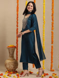 Anni Designer Women'S Rayon Blend Straight Embroidered Kurta With Pant & Dupatta (Sikand Cerosin_S_Dark Blue_Small),Dark Blue,S,Rayon Blend,Regular,